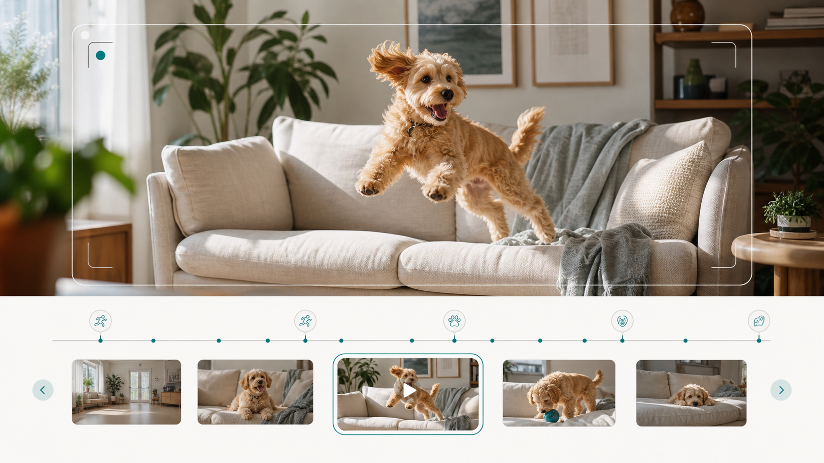 Storyboard of a pet moment captured by a home camera and organized into highlight clips.