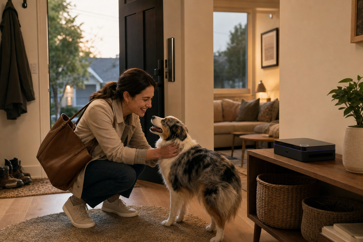 A family member coming home to a dog, with HarborNavi ready to share the short version of the day