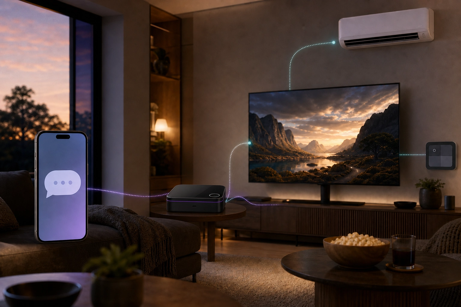 A movie-night request coordinating lighting, television, and climate devices