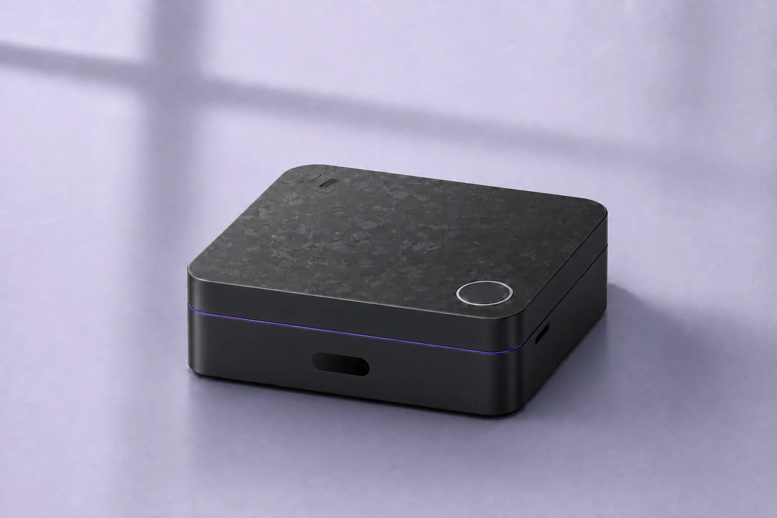 HarborNavi local home hardware with a forged-carbon-fiber top, fingerprint control, front infrared window, and purple status light
