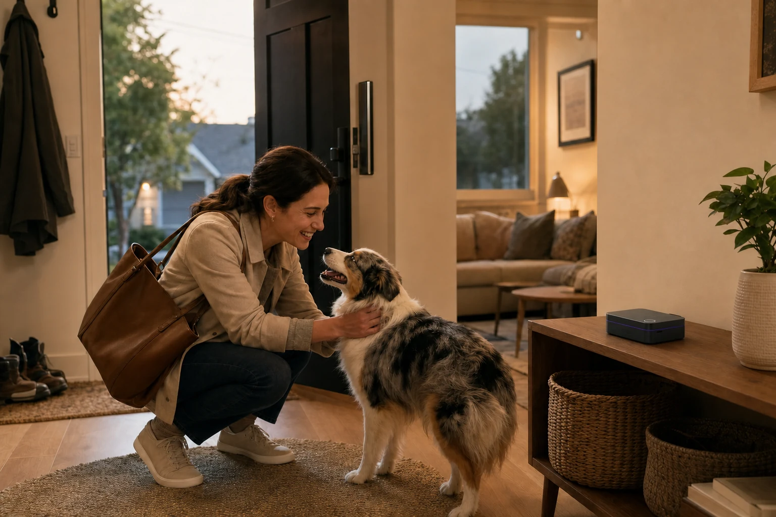 A family member coming home to a dog, with HarborNavi ready to share the short version of the day