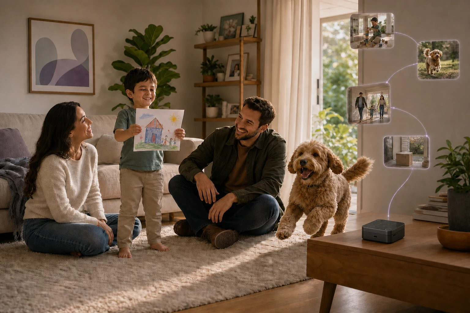 A family interacting at home while HarborNavi coordinates household context locally