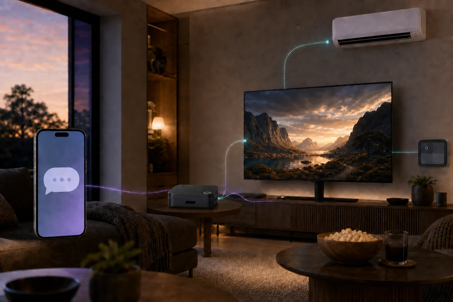 A movie-night request coordinating lighting, television, and climate devices